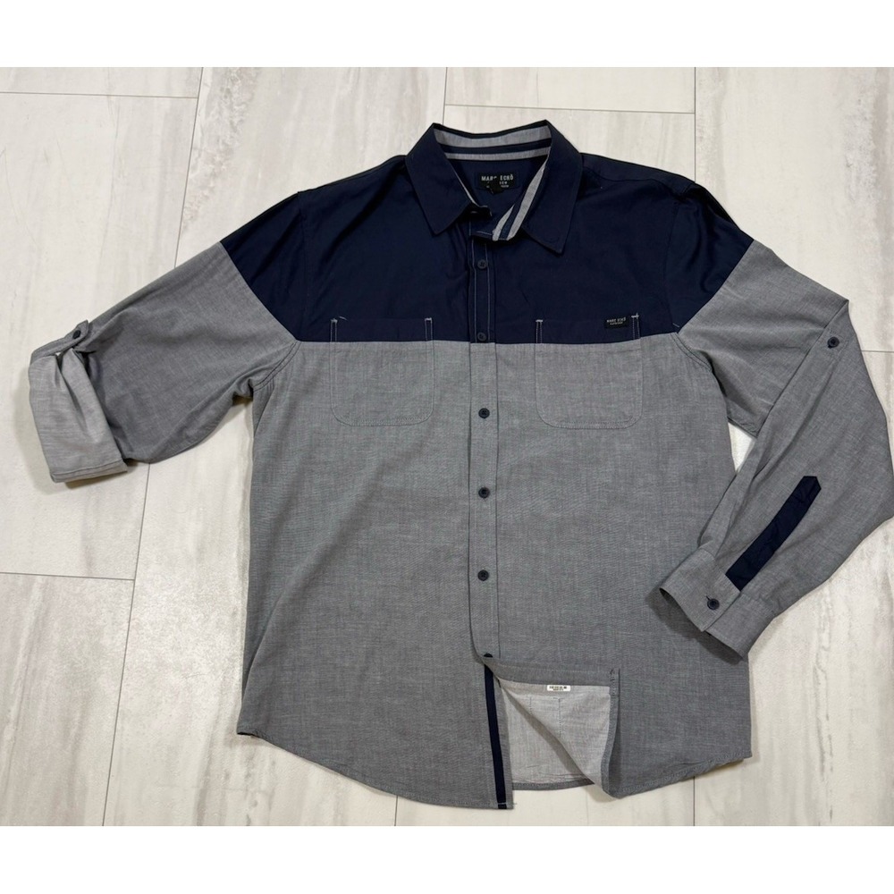 Marc Ecko Cut & Sew Mens Colorblock Button Down Shirt Navy Grey Large